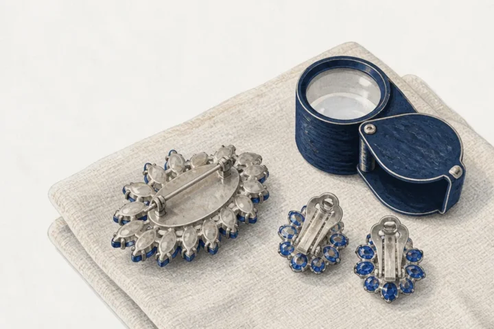 Illustration of a vintage rhinestone brooch shown from the back, with clip earrings and a loupe