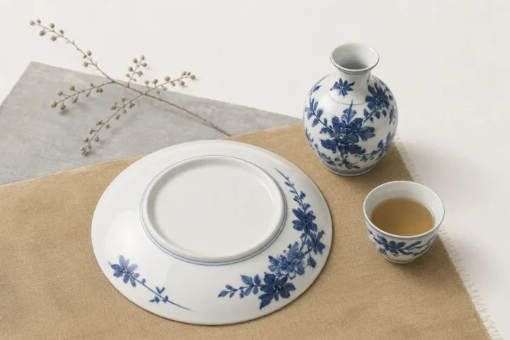 Illustration of an upturned porcelain plate beside a blue-and-white vase and teacup