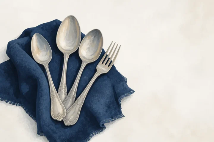 Illustration of antique silver spoons and a fork on a dark blue cloth