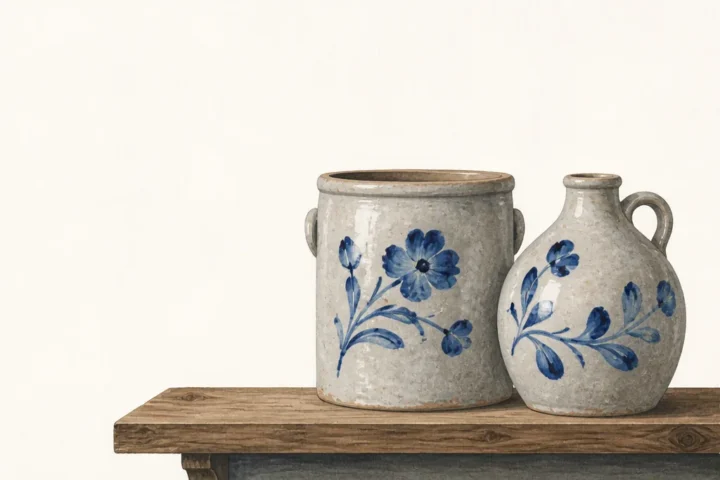 Illustration of a salt-glazed stoneware crock and jug with cobalt flower decoration